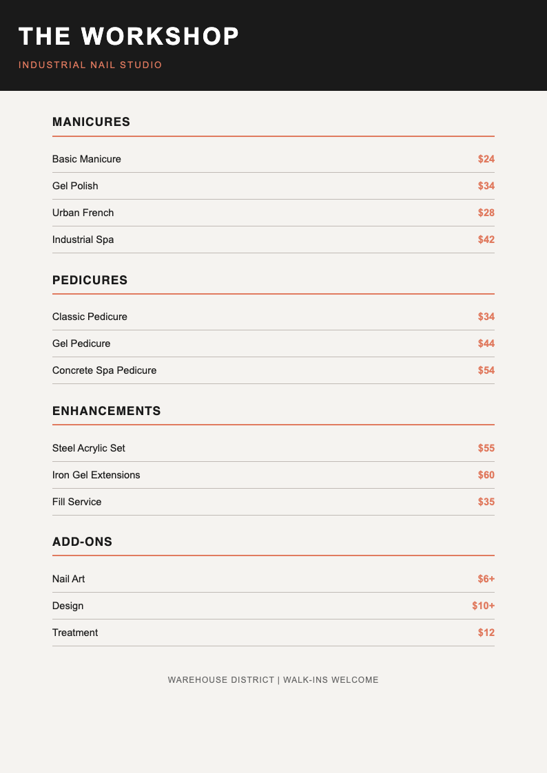 Industrial chic nail price list
